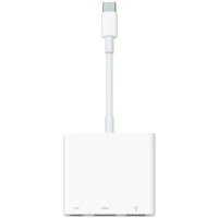 Biała przejściówka z USB-C na cyfrowe AV Apple z kablem zakończonym wtykiem USB-C oraz trzema portami: USB-C, HDMI i USB-A, widok od strony złączy.