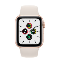 Apple Watch SE 44mm aluminium w kolorze złotym z paskiem sportowym w kolorze księżycowej poświaty