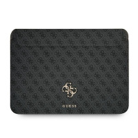 Czarne etui Guess 4G Big Metal Logo do MacBook Air i Pro 13 cali z charakterystycznym wzorem monogramu oraz złotym logo marki na środku przedniej części.