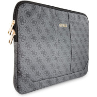 Szara torba GUESS 4G Uptown do MacBook 13 cali z charakterystycznym wzorem logotypów, złotym napisem Guess i dwoma metalowymi suwakami z boku.