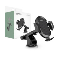 Czarny uchwyt samochodowy Tech-Protect Universal Car Mount z regulowanym ramieniem i przyssawką, obok opakowania z logo marki i informacją o montażu.