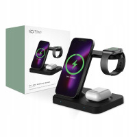Czarna ładowarka indukcyjna Tech-Protect A11 3w1 z telefonem, zegarkiem Apple Watch i słuchawkami na podstawce oraz opakowaniem z logo producenta w tle.