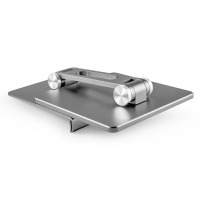 Szara podstawka do iPada Tech-Protect Z11 z regulowanym aluminiowym ramieniem i zawiasami, ukazana w złożonej pozycji na płaskiej powierzchni.