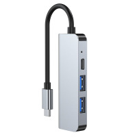 Srebrny hub Tech-Protect V2 4in1 z kablem USB-C, wyposażony w dwa porty USB-A oraz jeden port USB-C, widoczny w ujęciu z profilu na białym tle.
