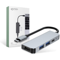 Srebrny hub Tech-Protect V2 4w1 z portami USB-A i HDMI oraz opakowanie z grafiką przedstawiającą podłączenie adaptera do laptopa Apple MacBook.