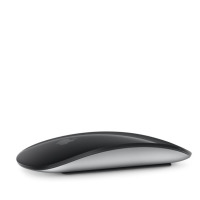 Bezprzewodowa mysz Apple Magic Mouse z czarną powierzchnią Multi-Touch, ujęta z profilu, ukazująca smukły, zaokrąglony kształt oraz srebrną podstawę urządzenia.