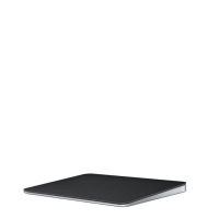 Apple Magic Trackpad w kolorze czarnym z powierzchnią Multi-Touch, widoczny pod kątem z profilu, ukazujący smukłą konstrukcję i aluminiową podstawę.