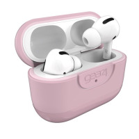 Różowe etui ochronne Gear4 Apollo Plus do słuchawek Apple AirPods Pro z otwartą klapką, wewnątrz której umieszczono białe słuchawki douszne z oznaczeniem R.