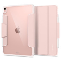 Różowe etui Spigen Ultra Hybrid Pro do iPad Air 4 i 5 gen. z przezroczystymi pleckami, widocznym aparatem, miejscem na rysik oraz logo Spigen na klapce.