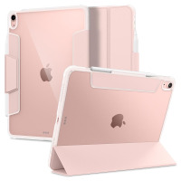 Różowe etui Spigen Ultra Hybrid Pro do iPad Air 4 i 5 gen. w dwóch ujęciach: z tyłu z logiem Apple oraz ustawione w pozycji podstawki z rysikiem Apple.
