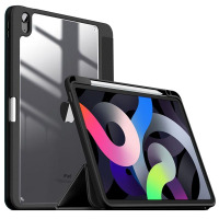 Czarne etui Infiland Crystal Case do iPad Air 10,9 cala z przezroczystymi pleckami, widoczne w dwóch ujęciach z miejscem na rysik Apple Pencil.