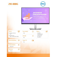 Monitor Dell 24 P2422HE z ekranem 23,8 cala na srebrnej podstawce, obok specyfikacja techniczna z parametrami wyświetlacza, złączami i modelem 210-BBBG.