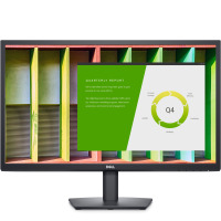 Monitor Dell E2422H z cienką ramką, wyświetlający raport kwartalny Q4 na ekranie, ustawiony na czarnej podstawie w centralnym ujęciu na wprost.