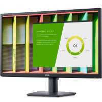 Monitor Dell E2422H z czarną ramką i podstawą, wyświetlający raport kwartalny Q4 z wykresem kołowym na tle nowoczesnej architektury w odcieniach zieleni.