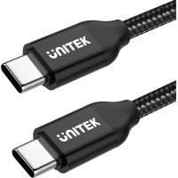 Czarny kabel Unitek USB-C o długości 2m z logo marki na wtyczkach, prezentujący dwa złącza typu C w oplocie z wytrzymałego materiału na białym tle.