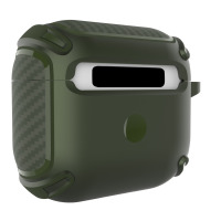 Zielone etui JINYA Carbon Fiber do słuchawek Apple AirPods 3 z widoczną fakturą włókna węglowego na bokach oraz wycięciem na diodę i port ładowania.