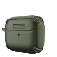 Zielone etui JINYA Carbon Fiber do AirPods 3 z wzmocnionymi narożnikami, widocznym otworem na diodę LED oraz charakterystyczną fakturą włókna węglowego.