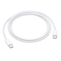 Biały kabel USB-C marki Apple o długości 1 metra, zwinięty w okrąg, z widocznymi obustronnymi wtyczkami złącza typu C na końcach przewodu.