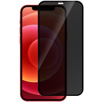 Szkło prywatyzujące eSTUFF Full Cover do iPhone 12 mini nałożone na czerwony smartfon, prezentujące efekt przyciemnienia ekranu przy zachowaniu wycięcia.