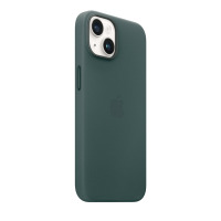 Skórzane etui Apple Leather Case w kolorze leśnej zieleni do iPhone 14, widok na tył urządzenia z wyeksponowaną wyspą aparatów oraz logo Apple.
