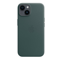 Skórzane etui Apple w kolorze leśnej zieleni do iPhone 14, widok na tylny panel z wytłoczonym logo producenta oraz wycięciem na wyspę aparatów.