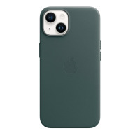 Skórzane etui Apple w kolorze leśnej zieleni do iPhone 14, widok na tylny panel z wycięciem na podwójny aparat oraz wytłoczonym logo Apple na środku.