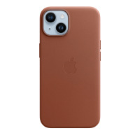 Skórzane etui Apple Leather Case w kolorze umbra do iPhone 14, widok na tył urządzenia z charakterystyczną wyspą aparatów i wytłoczonym logo producenta.