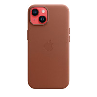 Skórzane etui Apple Leather Case w kolorze umbra do iPhone 14, widok na tył urządzenia z wyeksponowaną wyspą aparatów oraz wytłoczonym logo producenta.