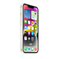 Przezroczyste etui Apple do iPhone 14 z MagSafe, widok z boku prezentujący przyciski głośności oraz włączony ekran z ikonami aplikacji systemu iOS.