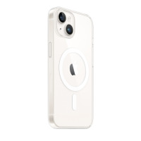 Przezroczyste etui Apple z MagSafe do iPhone 14, ukazujące tył telefonu z charakterystycznym pierścieniem magnetycznym oraz wyspą podwójnego aparatu.