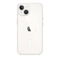 Przezroczyste etui Apple z MagSafe do iPhone 14, widok na tylny panel z charakterystycznym okręgiem magnetycznym oraz podwójnym aparatem w lewym rogu.