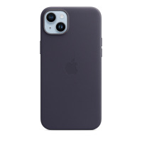 Atramentowe skórzane etui Apple Leather Case do iPhone 14 Plus z widoczną wyspą aparatów oraz wytłoczonym logo Apple na środku tylnej części obudowy.
