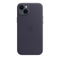Atramentowe skórzane etui Apple Leather Case do iPhone 14 Plus z widocznym logo Apple na środku oraz wycięciem na wyspę aparatów z dwoma obiektywami.
