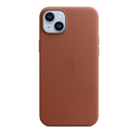 Skórzane etui Apple w kolorze umbra do iPhone 14 Plus, widok na tylny panel z wycięciem na wyspę aparatów oraz wytłoczonym logo producenta na środku.