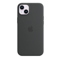 Ciemnoszare etui silikonowe Apple z MagSafe do iPhone 14 Plus, widok na tylną część obudowy z wyeksponowaną wyspą aparatów i centralnym logo producenta.