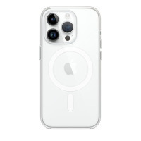 Przezroczyste etui Apple z MagSafe nałożone na iPhone 14 Pro, ukazujące tylny panel z charakterystyczną wyspą aparatów oraz magnetycznym pierścieniem.