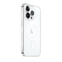 Przezroczyste etui Apple z MagSafe do iPhone 14 Pro, ukazujące tylny panel urządzenia z charakterystyczną wyspą aparatów oraz magnetycznym pierścieniem.