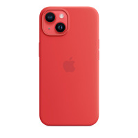 Czerwone etui silikonowe Apple z MagSafe do iPhone 14, widok na tylną część obudowy z charakterystyczną wyspą aparatów oraz logo Apple na środku.