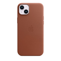 Skórzane etui Apple w kolorze umbra do iPhone 14 Plus z widoczną wyspą aparatów, logiem producenta na środku oraz precyzyjnymi wycięciami na obiektywy.