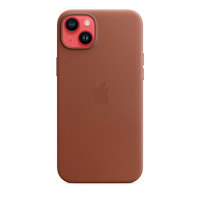 Skórzane etui Apple Leather Case w kolorze umbra do iPhone 14 Plus, widok na tylny panel z wytłoczonym logo Apple oraz charakterystyczną wyspą aparatów.