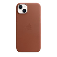 Skórzane etui Apple Leather Case w kolorze umbra do iPhone 14 Plus, widok na tył urządzenia z wyeksponowaną wyspą aparatów oraz wytłoczonym logo Apple.