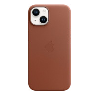 Skórzane etui Apple Leather Case w kolorze umbra do iPhone 14, widok na tylny panel z wycięciem na podwójny aparat oraz wytłoczonym logo producenta.
