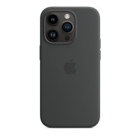 Ciemnoszare etui silikonowe Apple z MagSafe do iPhone 14 Pro, widok na plecki urządzenia z charakterystyczną wyspą aparatów i logo producenta na środku.