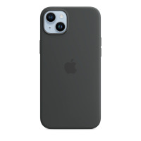 Ciemnoszare etui silikonowe Apple z MagSafe do iPhone 14 Plus, widok na plecki z charakterystyczną wyspą aparatów oraz centralnie umieszczonym logo Apple.