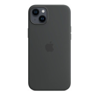 Ciemnoszare etui silikonowe Apple do iPhone 14 Plus z MagSafe, widok na plecki z charakterystyczną wyspą aparatów oraz centralnie umieszczonym logo Apple.