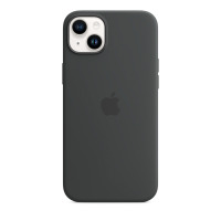 Ciemnoszare etui silikonowe Apple z MagSafe do iPhone 14 Plus, widok na tylny panel z charakterystyczną wyspą aparatów oraz logo Apple na środku obudowy.