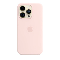 Silikonowe etui Apple w kolorze kredkowego różu do iPhone 14 Pro z widoczną wyspą aparatów oraz logiem producenta na pleckach, ujęcie od strony tyłu.