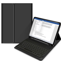 Czarne etui Tech-Protect SC z klawiaturą do iPad Air 10,9, widoczne w formie zamkniętej oraz otwartej z tabletem wyświetlającym edytor tekstu Microsoft Word.
