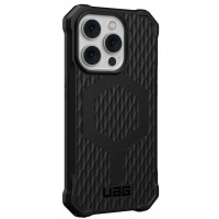 Czarne etui UAG Essential Armor z obsługą MagSafe do iPhone 14 Pro, ukazujące wzorzystą teksturę plecków, logo UAG oraz wycięcie na wyspę aparatów.