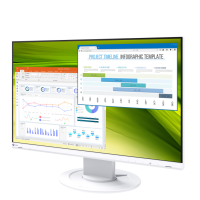 Biały monitor EIZO FlexScan EV2360 na podstawce, prezentujący na ekranie okna z infografiką Project Timeline oraz wykresami w programie PowerPoint.